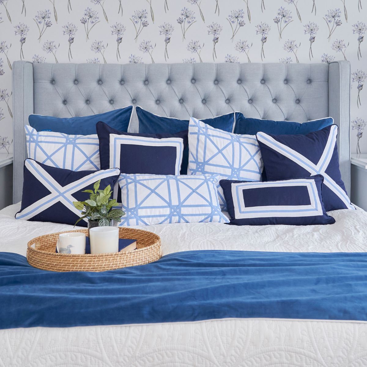 AVALON Dark Blue Border Cushion Cover 50 cm by 50 cm | Hamptons Home