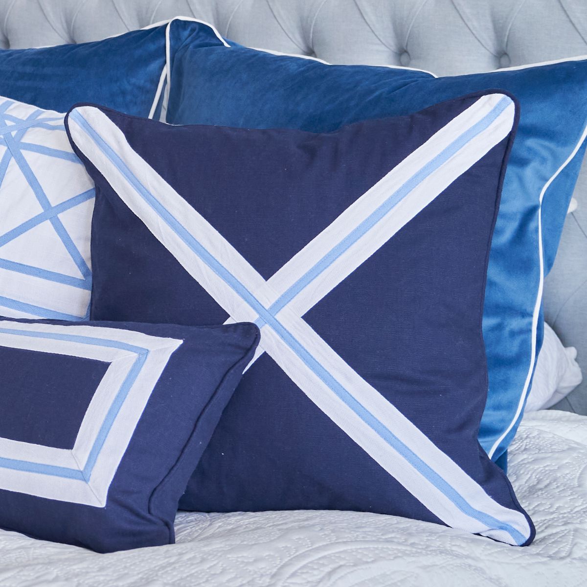 AVALON Dark Blue Cross Cushion Cover | Hamptons Home