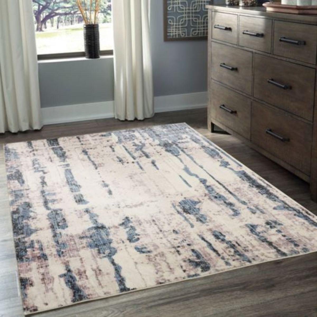 Anini Blue Modern Distressed Machine Washable Rug | Hamptons Home