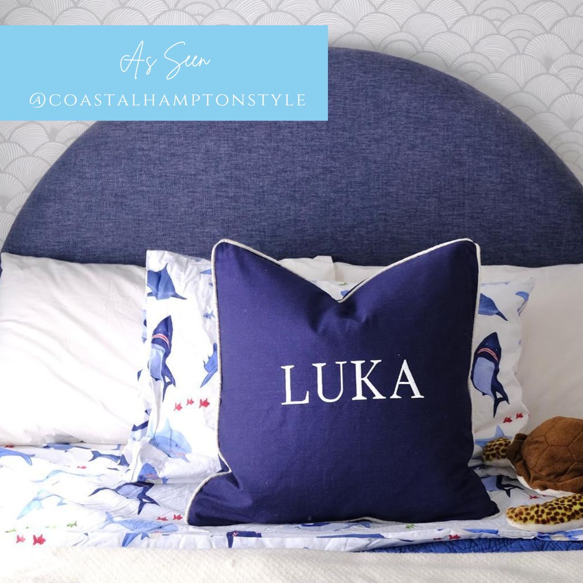 Dark Blue Personalised Name Kids Cushion Cover | Hamptons Home