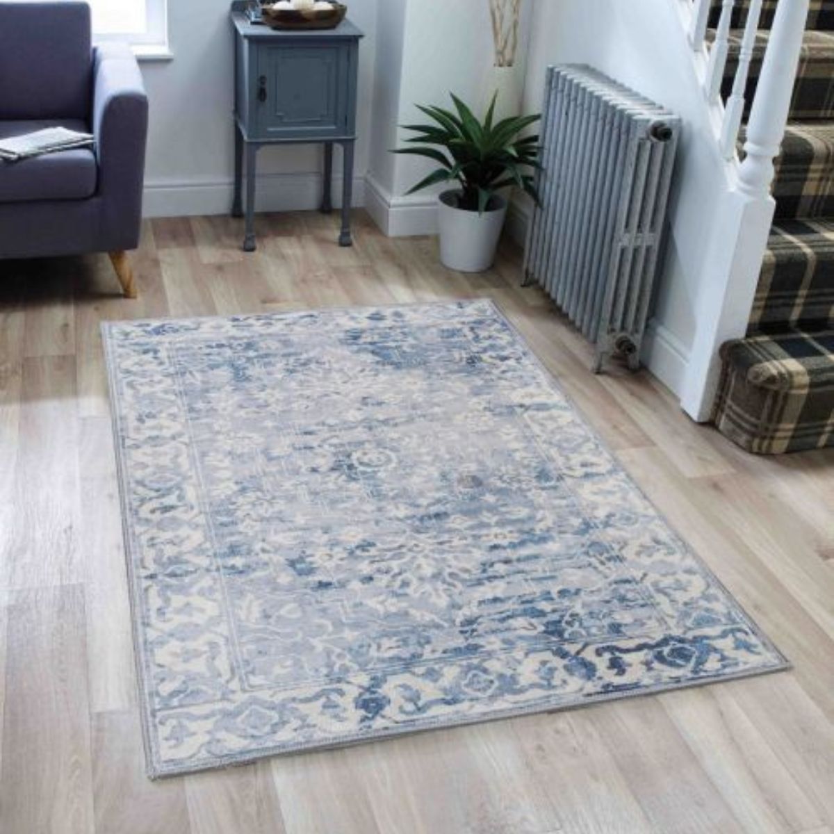 Shay Blue Traditional Distressed Machine Washable Rug | Hamptons Home