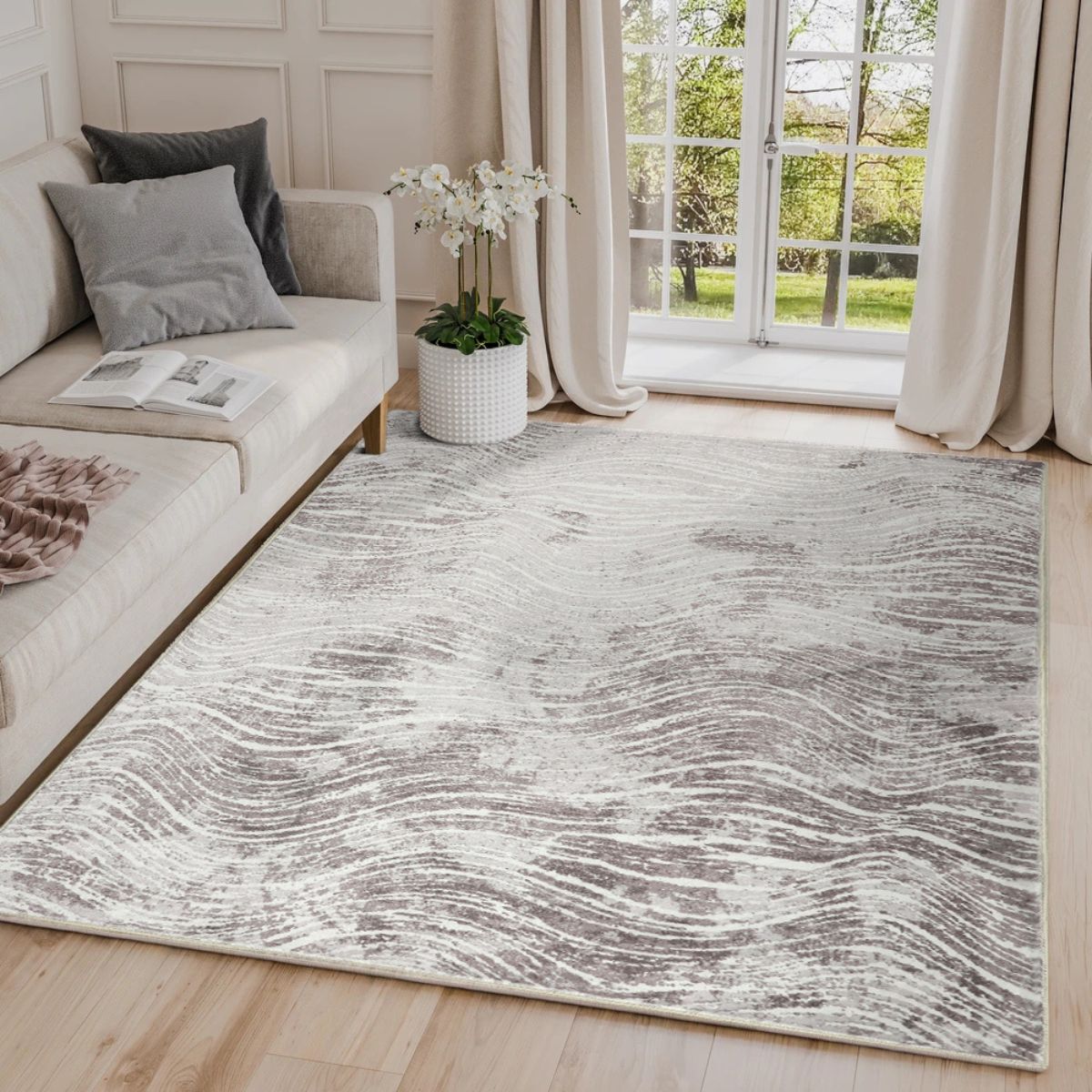 Shikhar Beige Modern Distressed Machine Washable Rug | Hamptons Home