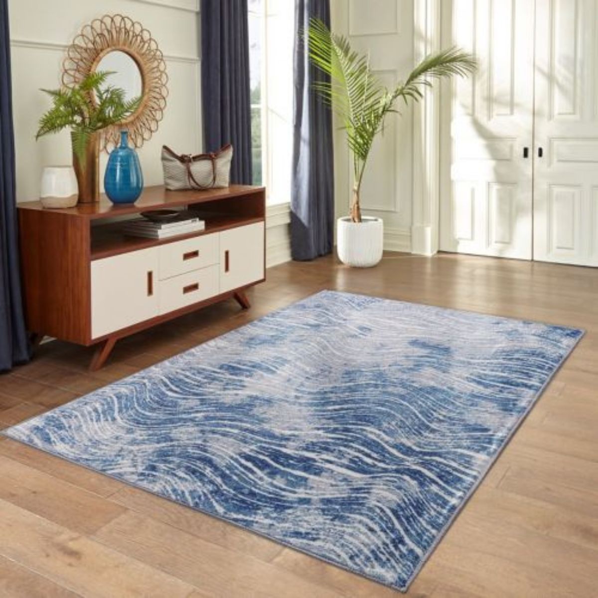 Shikhar Blue Modern Distressed Machine Washable Rug | Hamptons Home