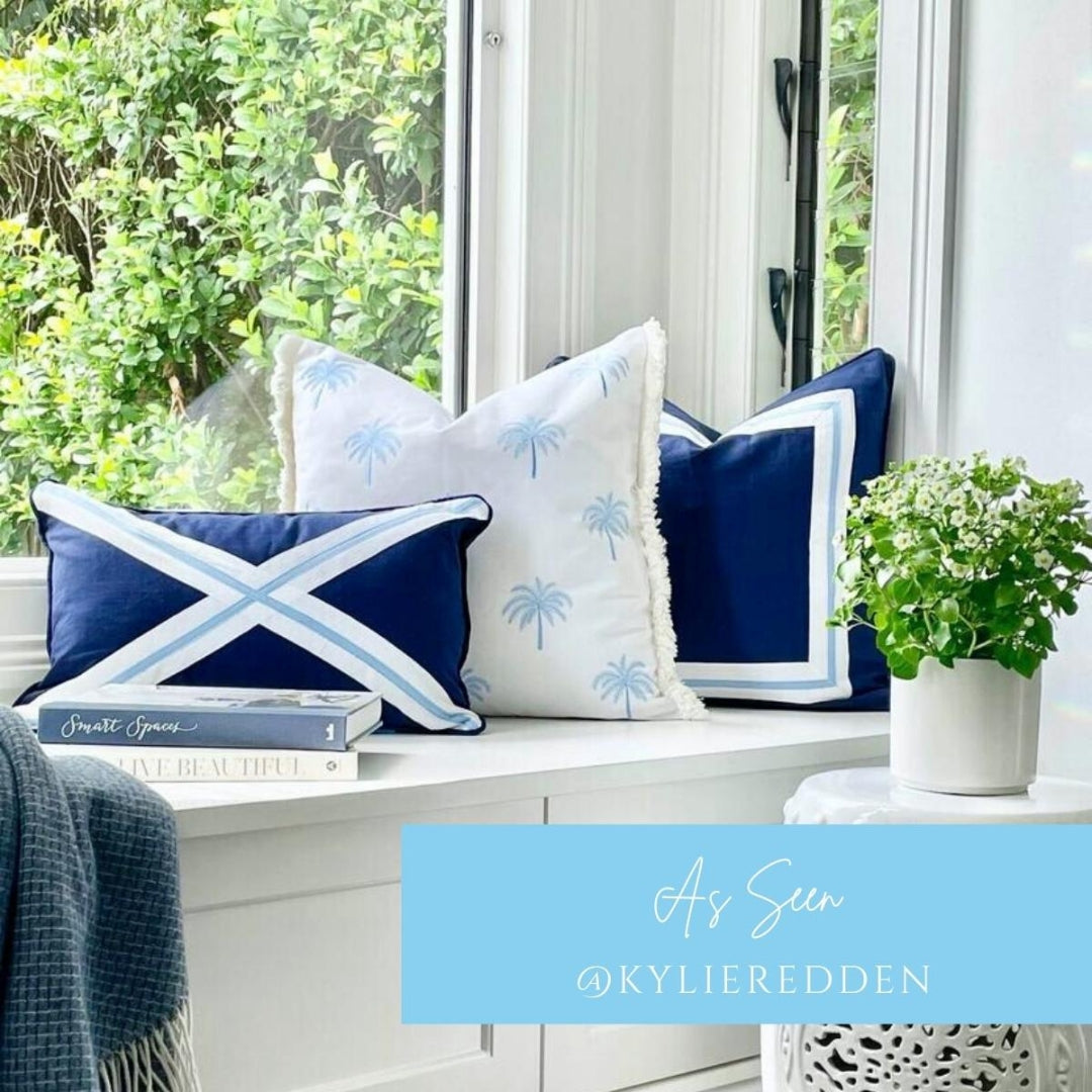 Light Blue and White Palm Tree Cushion Cover | Hamptons Home