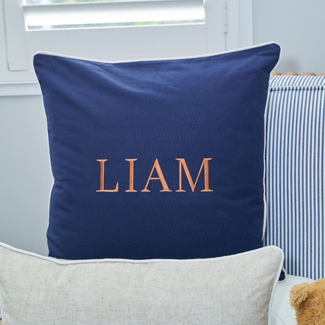 Dark Blue Personalised Name Kids Cushion Cover | Hamptons Home