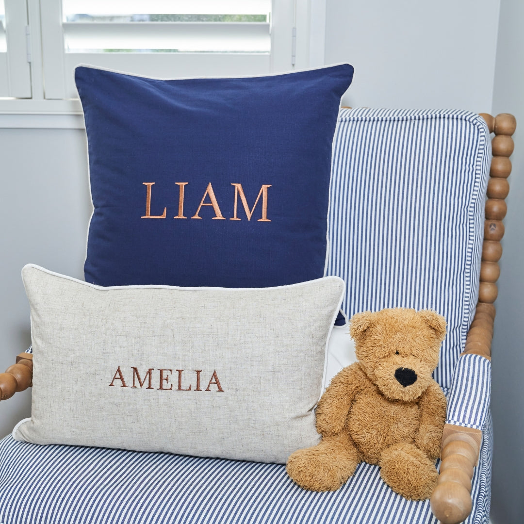 Dark Blue Personalised Name Kids Cushion Cover | Hamptons Home