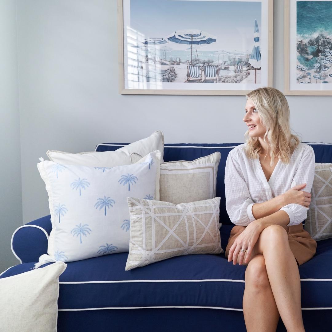 Light Blue and White Palm Tree Cushion Cover | Hamptons Home