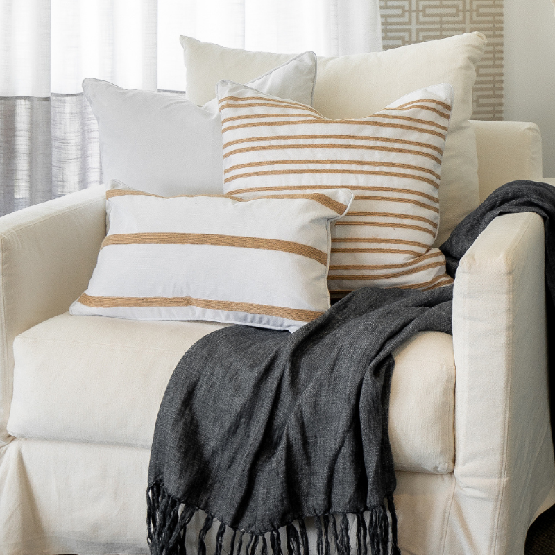 INDEE White and Hemp Double Stripe Cushion Cover | Hamptons Home | Hamptons Home