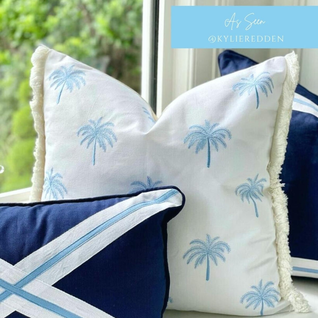 Light Blue and White Palm Tree Cushion Cover | Hamptons Home