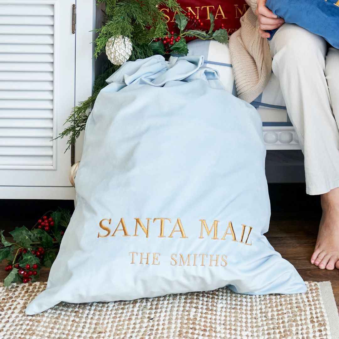 Luxury Personalised Velvet Santa Sack Sky Blue | Hamptons Home | Hamptons Home