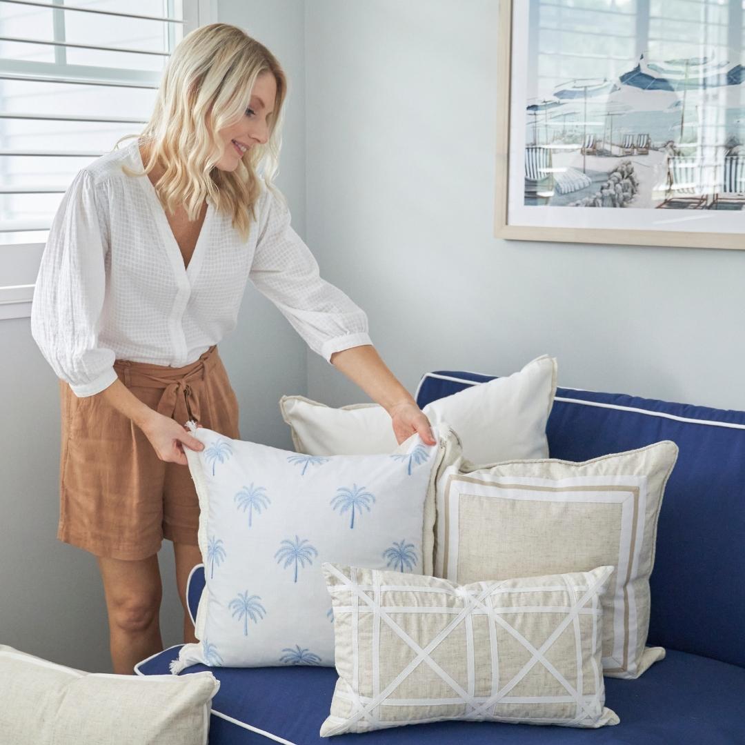 Light Blue and White Palm Tree Cushion Cover | Hamptons Home