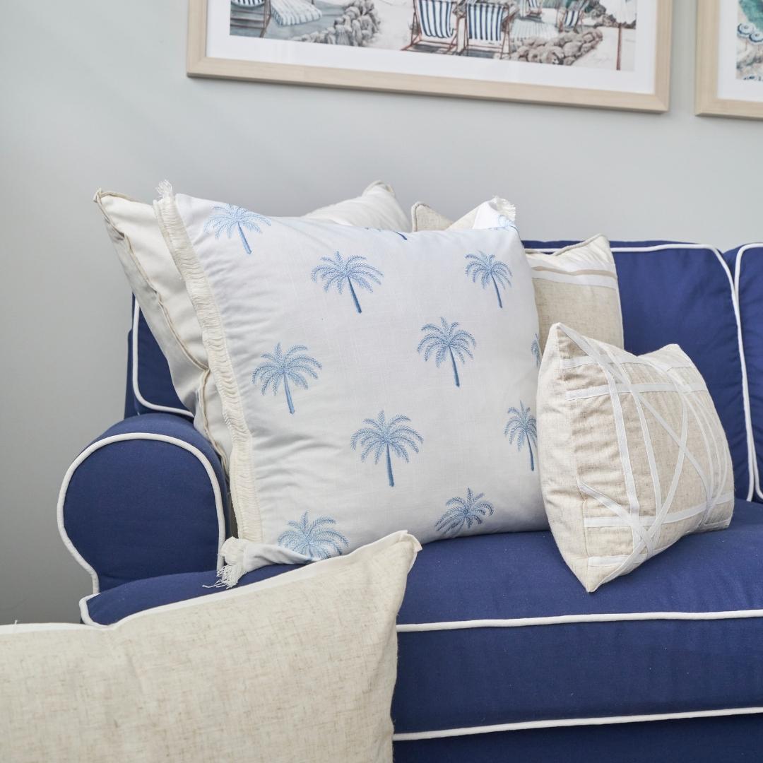 Light Blue and White Palm Tree Cushion Cover | Hamptons Home