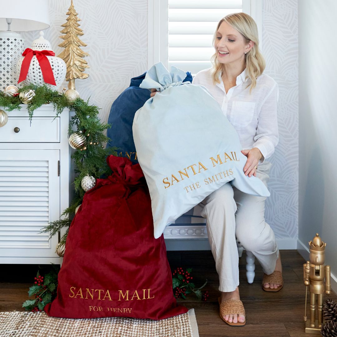 Luxury Personalised Velvet Santa Sack Sky Blue | Hamptons Home | Hamptons Home