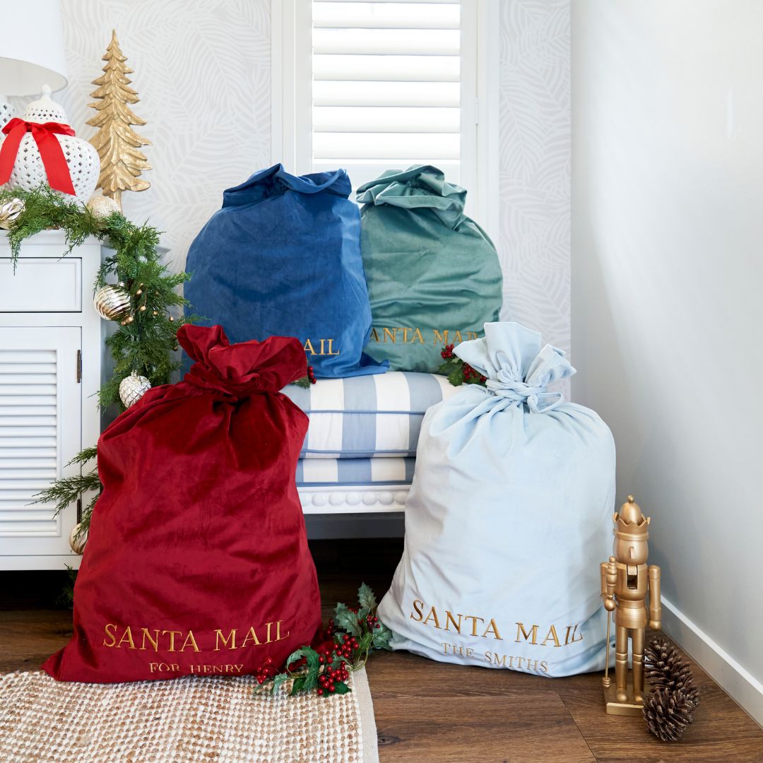 Luxury Personalised Velvet Santa Sack Sky Blue | Hamptons Home | Hamptons Home