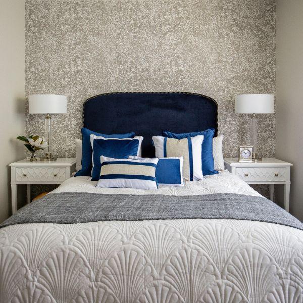 CALDER Dark Blue and White Border Velvet Cushion Cover  | Hamptons Home | Hamptons Home