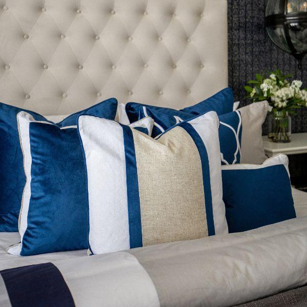 CALDER Dark Blue and White Border Velvet Cushion Cover  | Hamptons Home | Hamptons Home