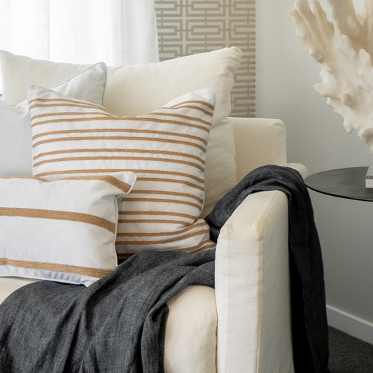 INDEE White and Hemp Double Stripe Cushion Cover | Hamptons Home | Hamptons Home