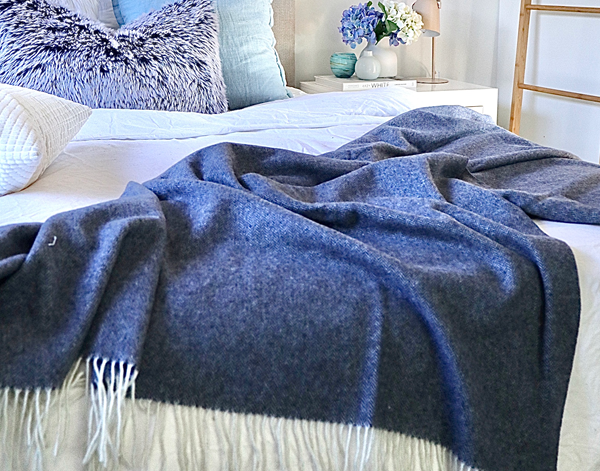 Astor Navy Cashmere and Superfine Merino Wool Throw Blanket Online | Hamptons Home