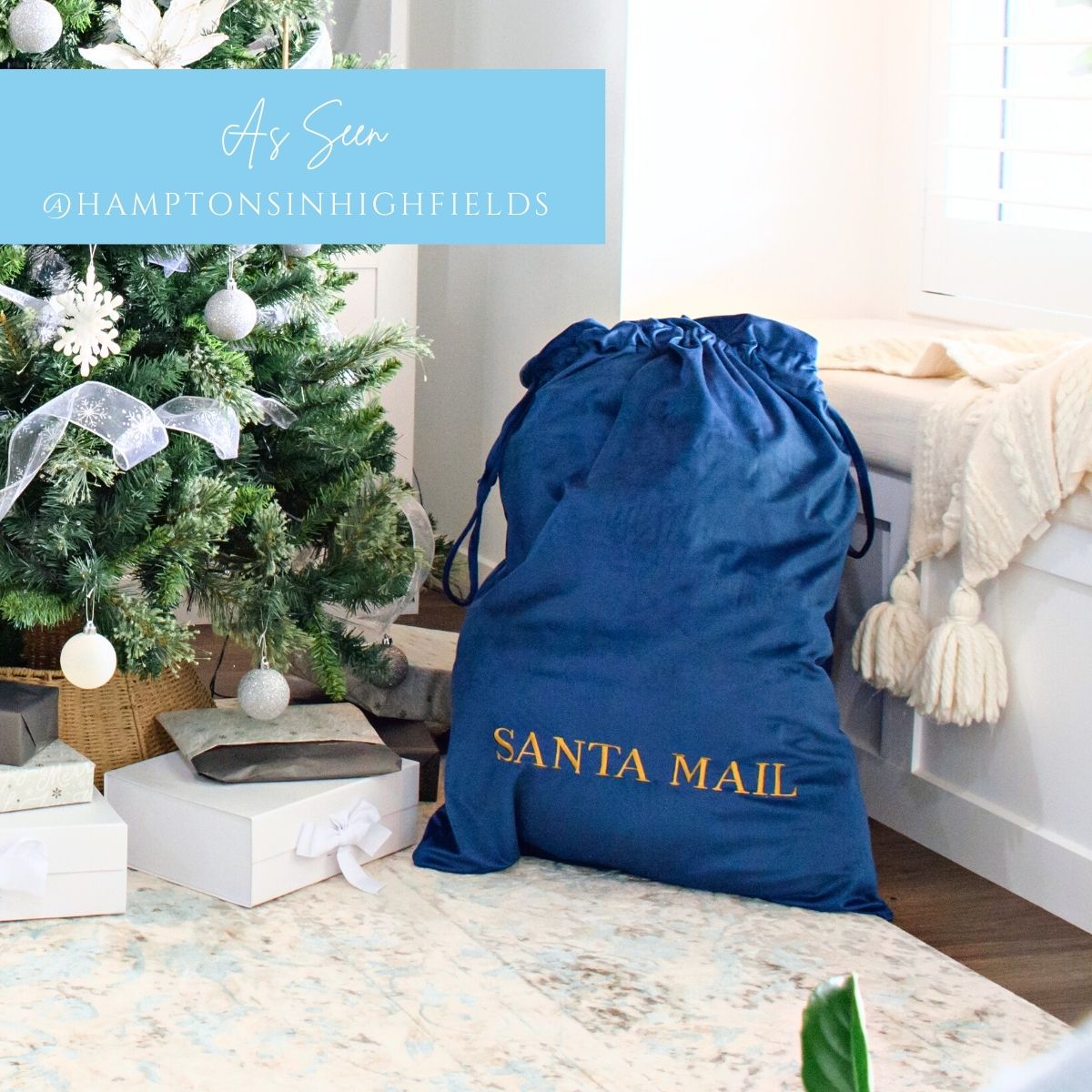 Luxury Personalised Velvet Santa Sack Dark Blue | Hamptons Home