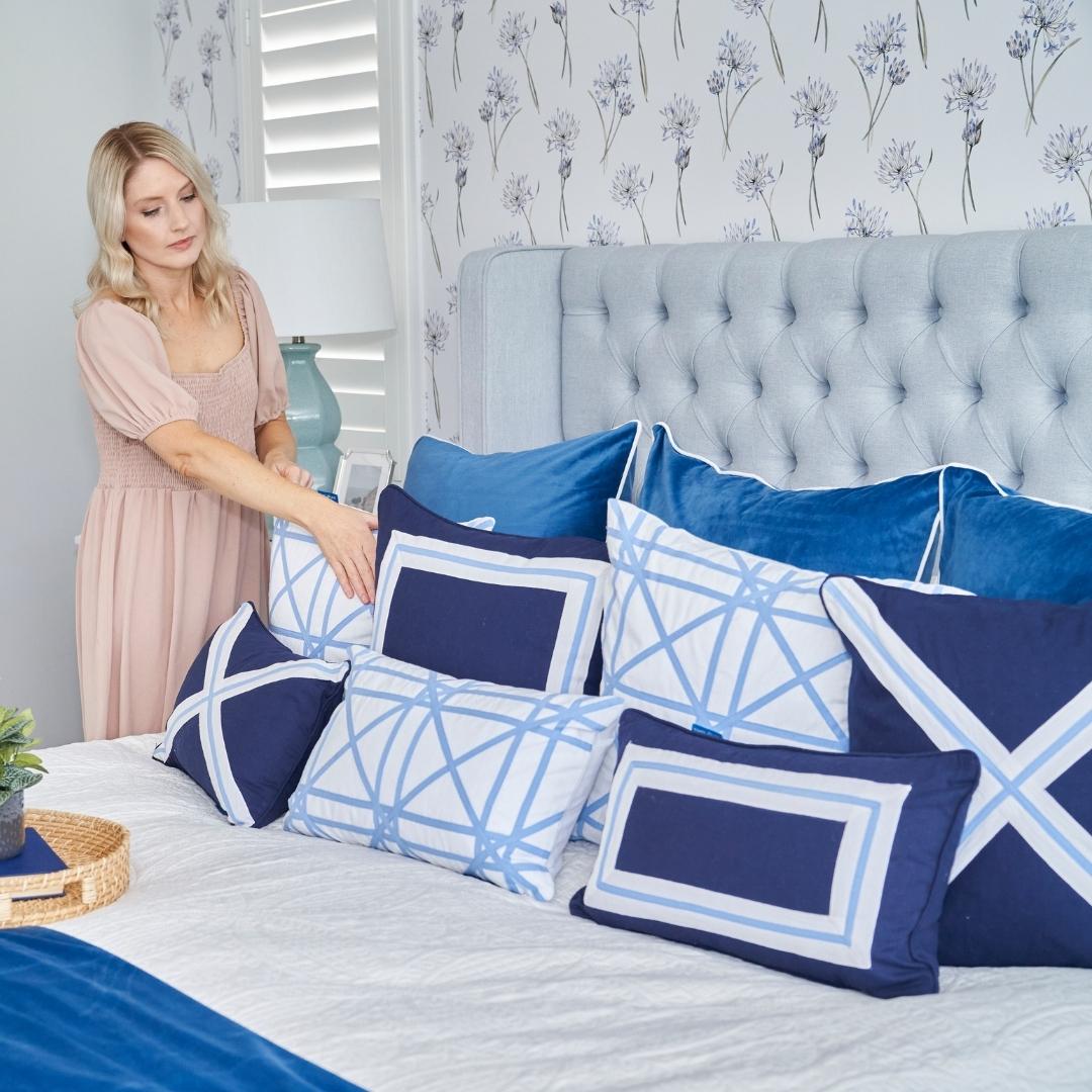 AVALON Dark Blue Border Cushion Cover 50 cm by 50 cm | Hamptons Home