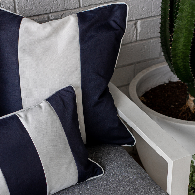 KIRRA Dark Blue and White Panel Outdoor Cushion | Hamptons Home | Hamptons Home