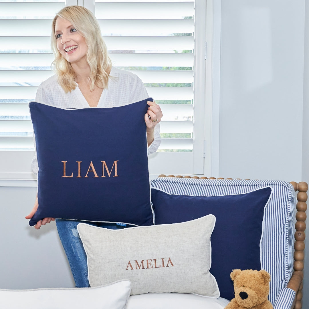 Dark Blue Personalised Name Kids Cushion Cover | Hamptons Home