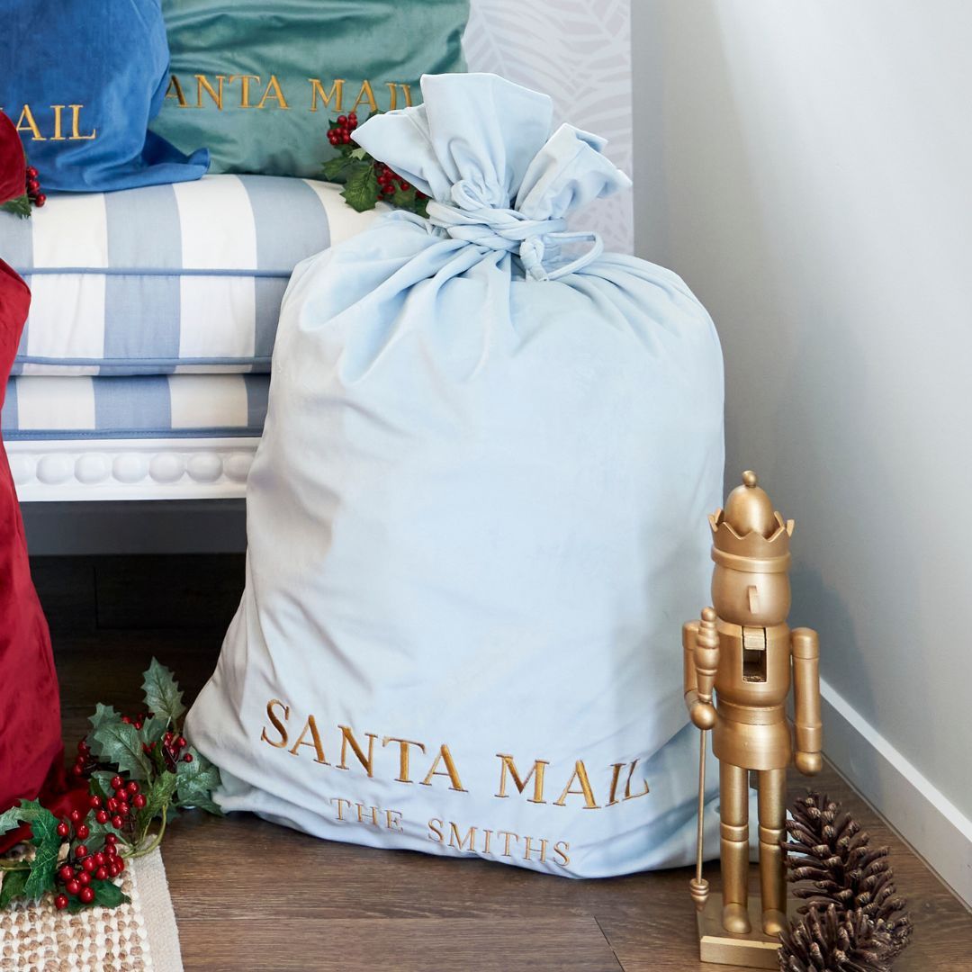 Luxury Personalised Velvet Santa Sack Sky Blue | Hamptons Home | Hamptons Home