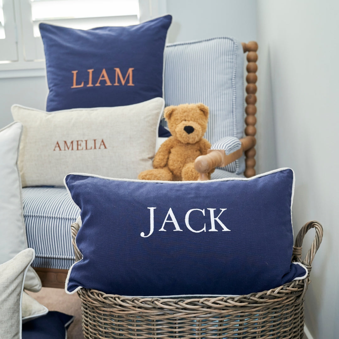 Dark Blue Personalised Name Kids Cushion Cover | Hamptons Home