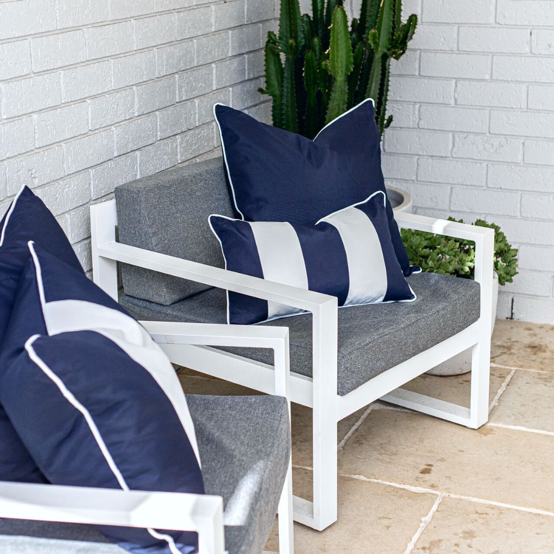 KIRRA Dark Blue and White Double Stripe Outdoor Cushion| Hamptons Home | Hamptons Home