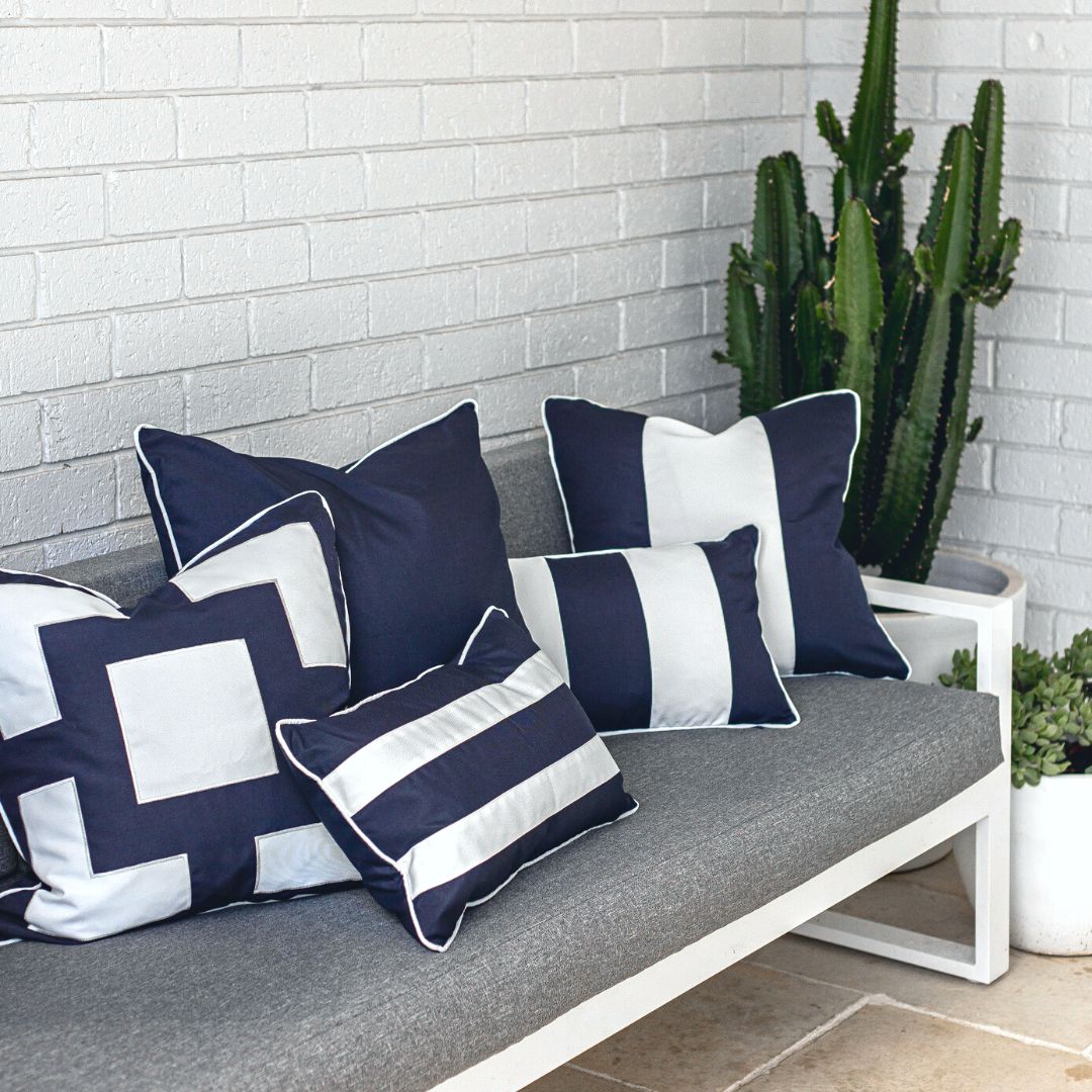 KIRRA Dark Blue and White Panel Outdoor Cushion | Hamptons Home | Hamptons Home