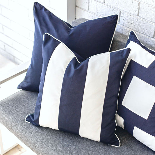 KIRRA Dark Blue and White Stripe Outdoor Cushion | Hamptons Home