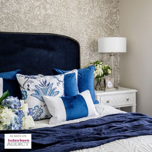 BADEN Dark Blue and White Panel Velvet Cushion Cover | Hamptons Home | Hamptons Home