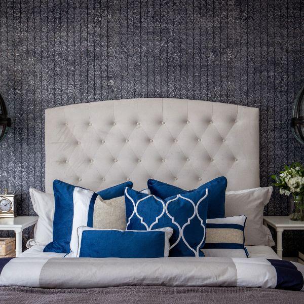 CALDER Dark Blue and White Border Velvet Cushion Cover  | Hamptons Home | Hamptons Home