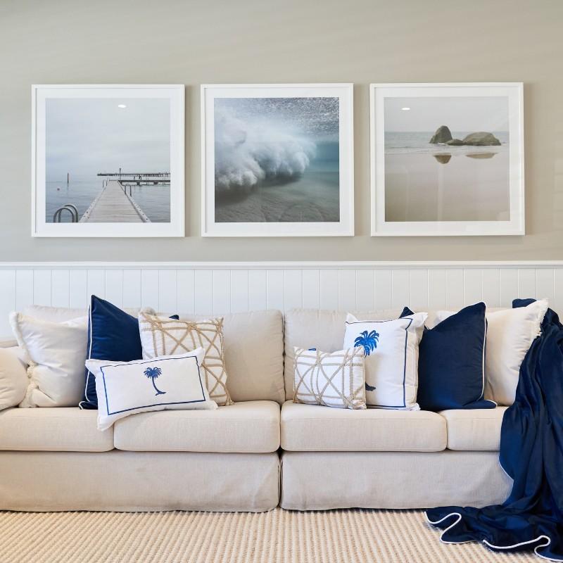 PALM COVE Palm Tree Ocean Blue and White Cushion | Hamptons Home | Hamptons Home