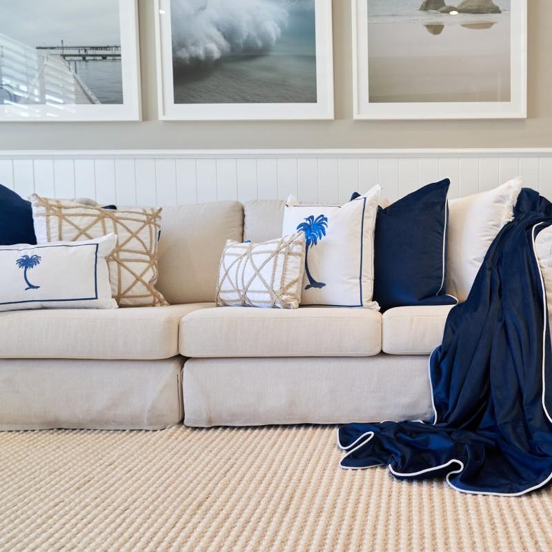 PALM COVE Palm Tree Ocean Blue and White Cushion | Hamptons Home | Hamptons Home