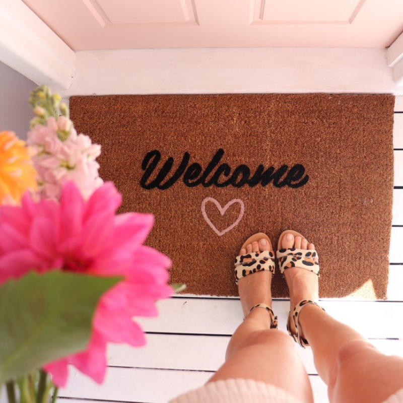 WELCOME with Pink Heart Premium Coir Doormat | Hamptons Home | Hamptons Home