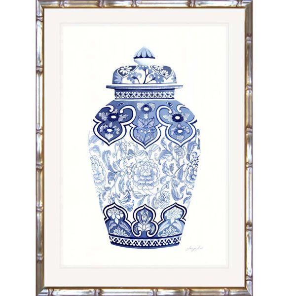 Blue and White Ginger Jar Bamboo Framed Wall Art (Design 4) | Hamptons Home